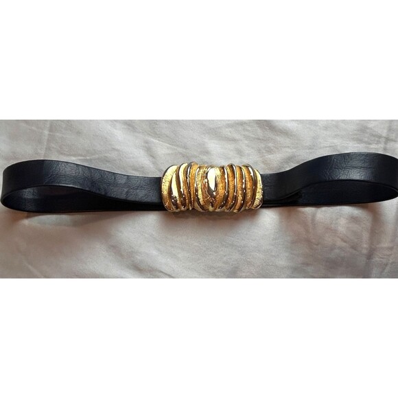 Vintage Dotty Smith Gold Tone Large Buckle Feathered Etched Blue Leather Belt main image 13